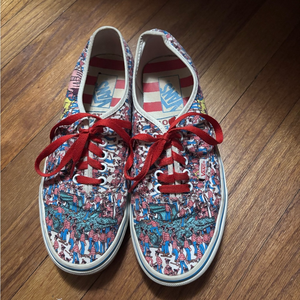 Vans White Canvas Sneakers with Red Accents and Multicolor Print